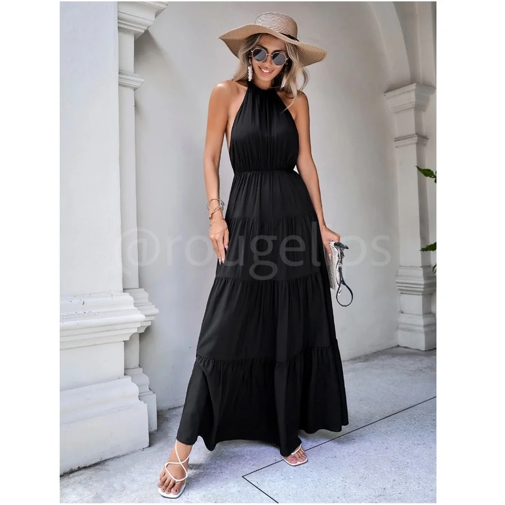 Black Maxi Dress Halter Neck Ties Backless Open Back Flared Long Ruffle Hem - Picture 5 of 8